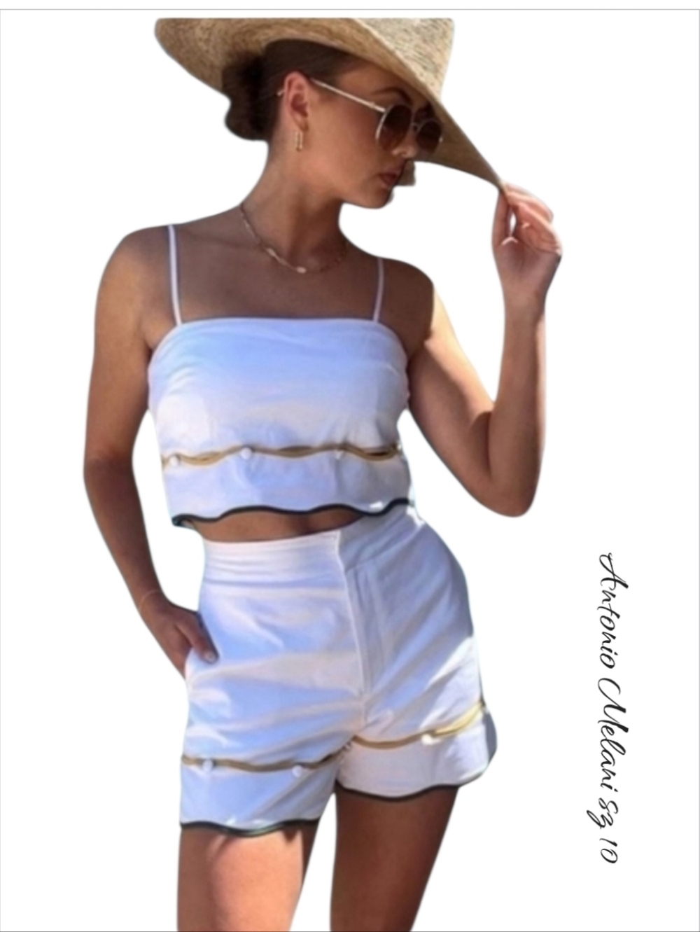 Antonio Melani White Scalloped Two Piece Crop Top & High Waist Shorts Set Sz 10